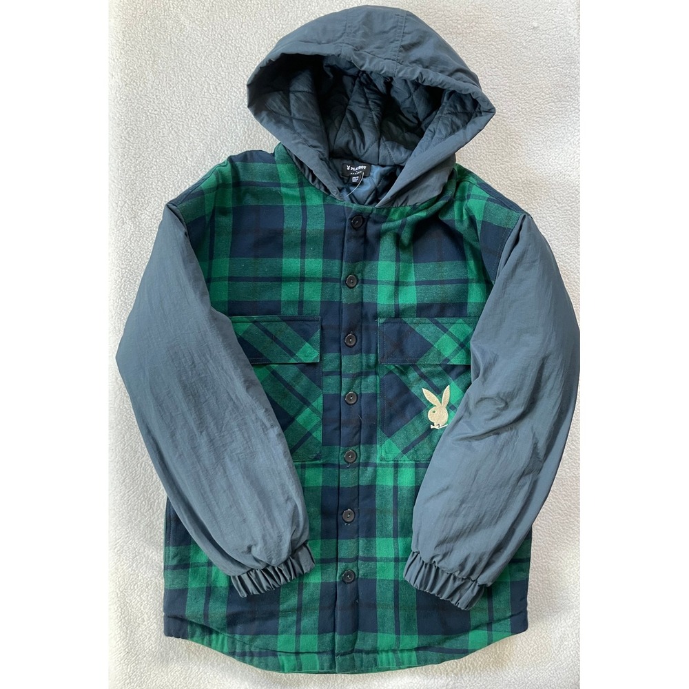 Playboy PacSun XS/S Hooded Flannel Jacket‎ Green Plaid Quilted Shacket 652527